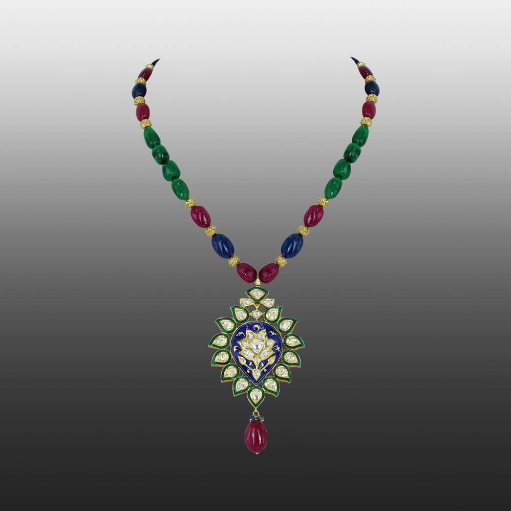 Gemstone Bead Necklace with Polki Meenakari Pendant and Ruby Drop